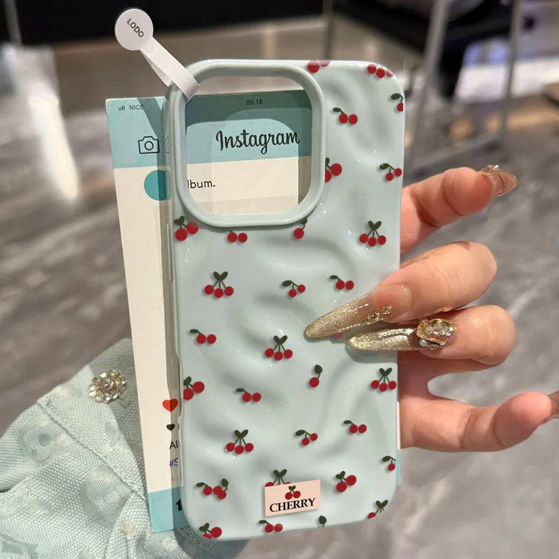 For iPhone 17 16 15 14 13 12 11 Pro Max Plus Case Cute Cherry Folds Texture Phone Cover For iPhone 17 Air Shockproof Soft Fundas