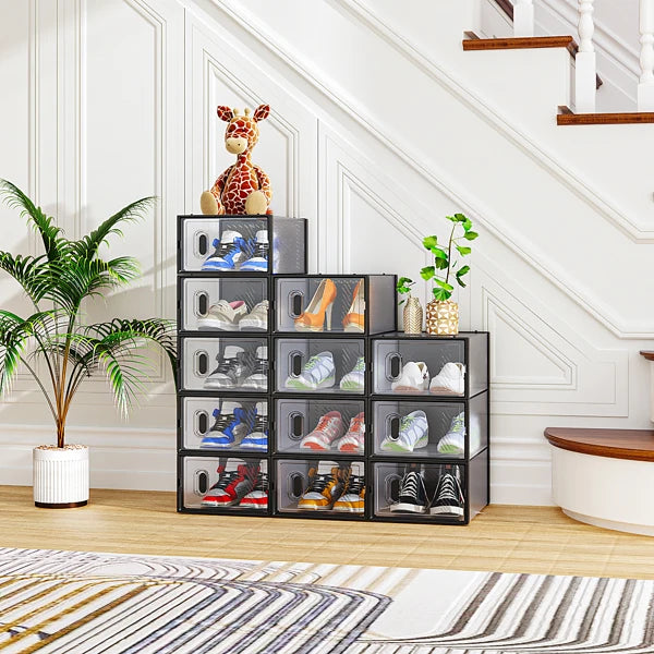 Transparent Plastic Shoe Hanger Storage Boxes - 6/12 Pack, Foldable & Stackable with Lids