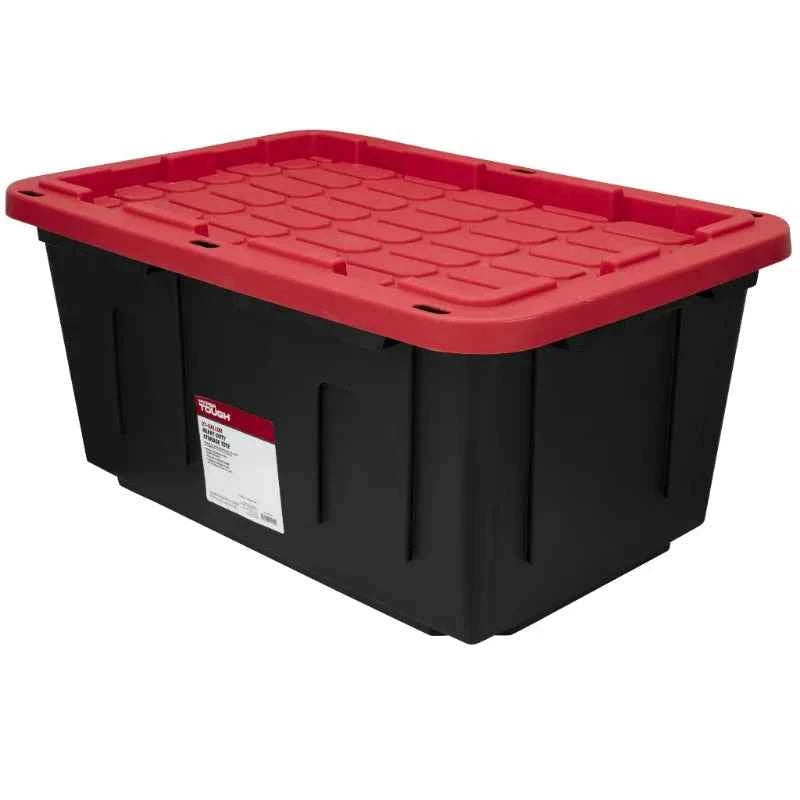 6 Pack Hyper Tough Large Storage Bin 27 Gallon Plastic Container with Snap-On Lid in Black and Red