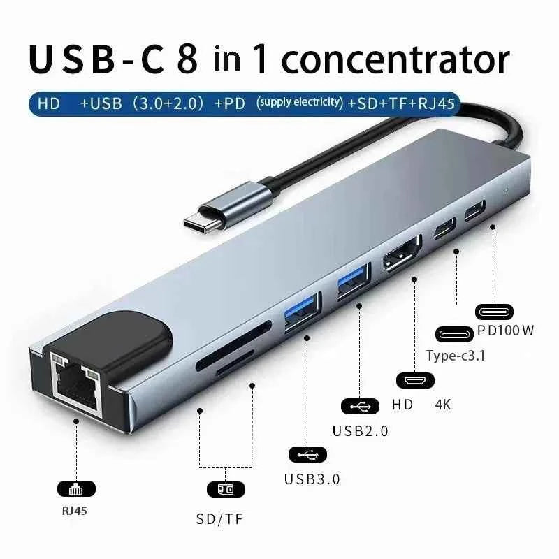 8‑in‑1 USB Type‑C Hub Adapter — 4K HDTV, SD/TF, RJ45, PD Fast Charge for MacBook & Laptops