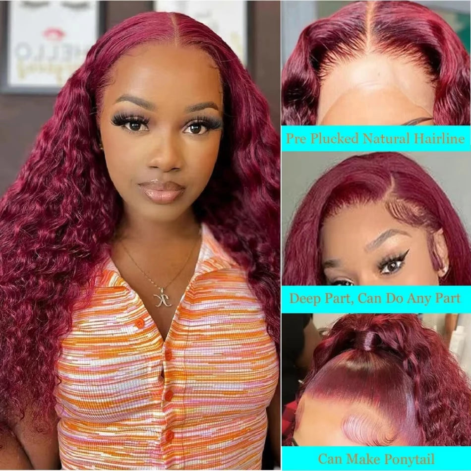 13x6 HD Lace Frontal Wig - 99J Burgundy, Deep Wave Brazilian Hair, 250% Density