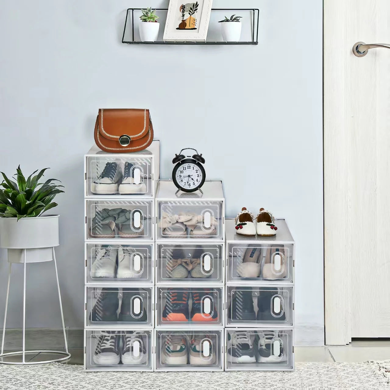 Transparent Plastic Shoe Hanger Storage Boxes - 6/12 Pack, Foldable & Stackable with Lids