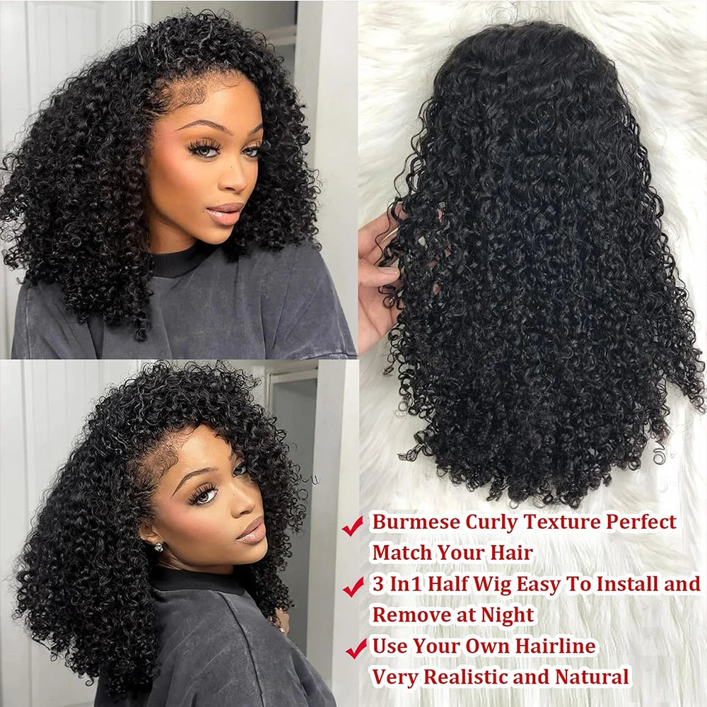 Deep Curly Human Hair Half Wig 3‑in‑1 Drawstring Jerry Curly Glueless