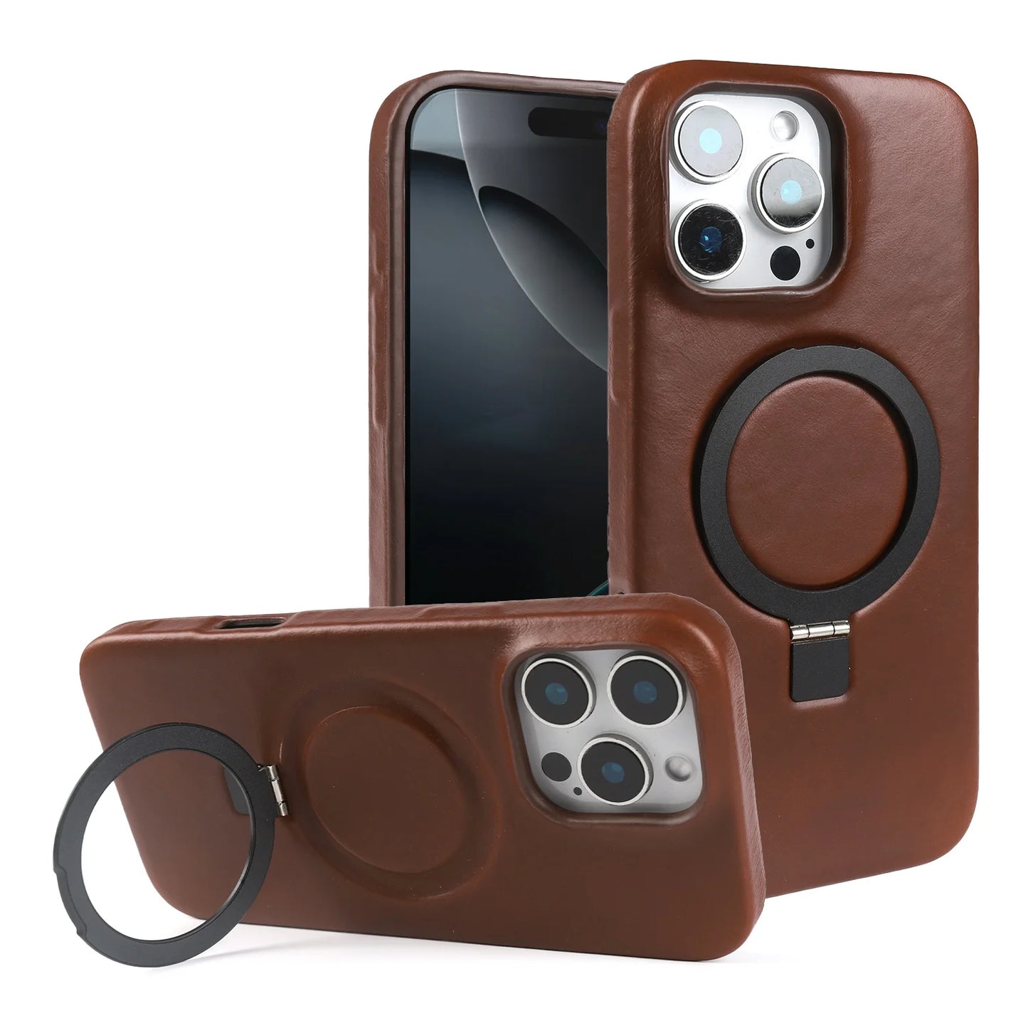 Genuine Leather Stand Case w/ Magnetic Holder for iPhone 16–11