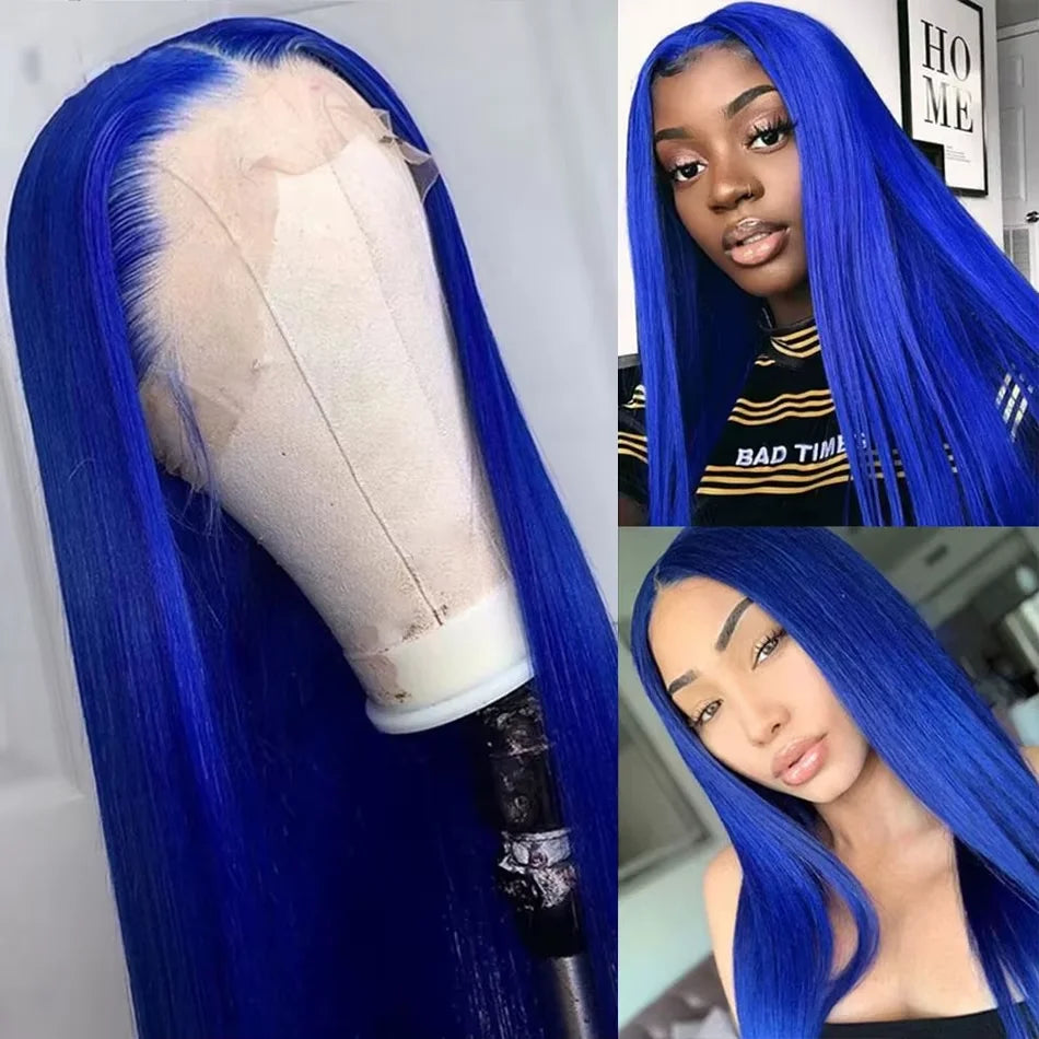 Straight Dark Blue Brazilian 13x4 HD Lace Frontal Wig - Glueless, 30-34"