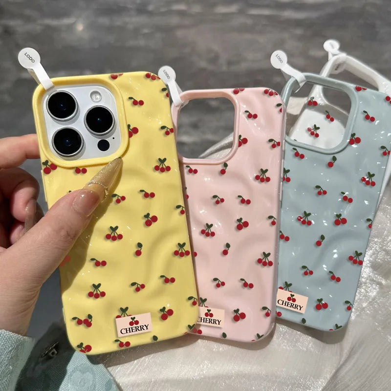 For iPhone 17 16 15 14 13 12 11 Pro Max Plus Case Cute Cherry Folds Texture Phone Cover For iPhone 17 Air Shockproof Soft Fundas