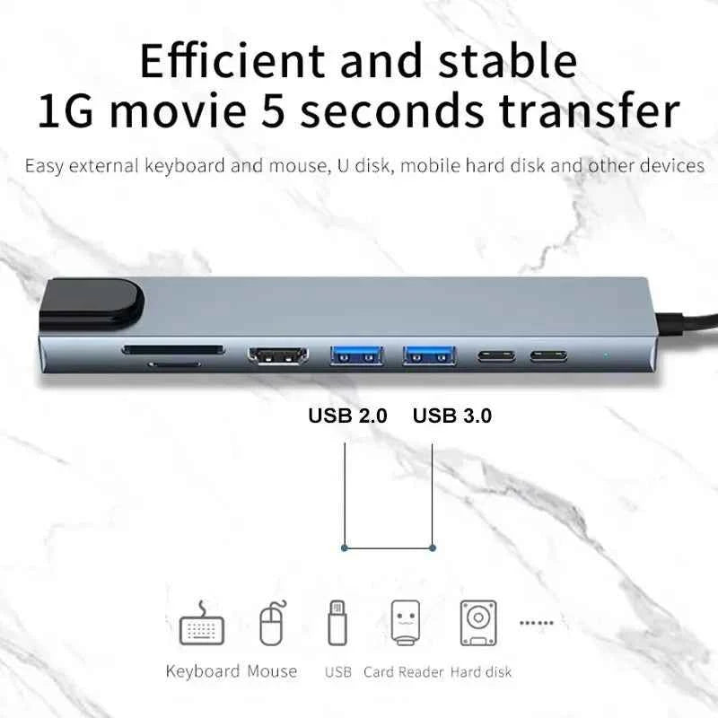 8‑in‑1 USB Type‑C Hub Adapter — 4K HDTV, SD/TF, RJ45, PD Fast Charge for MacBook & Laptops