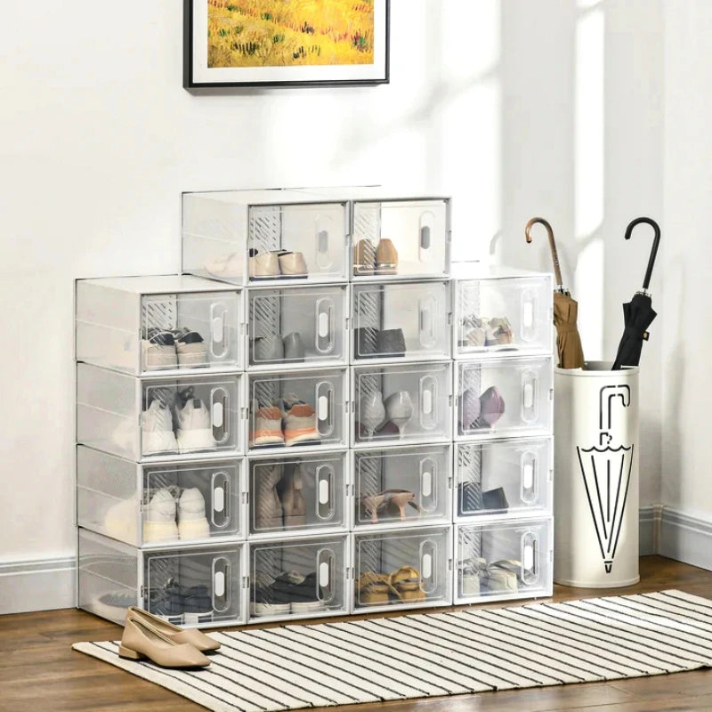 Transparent Plastic Shoe Hanger Storage Boxes - 6/12 Pack, Foldable & Stackable with Lids