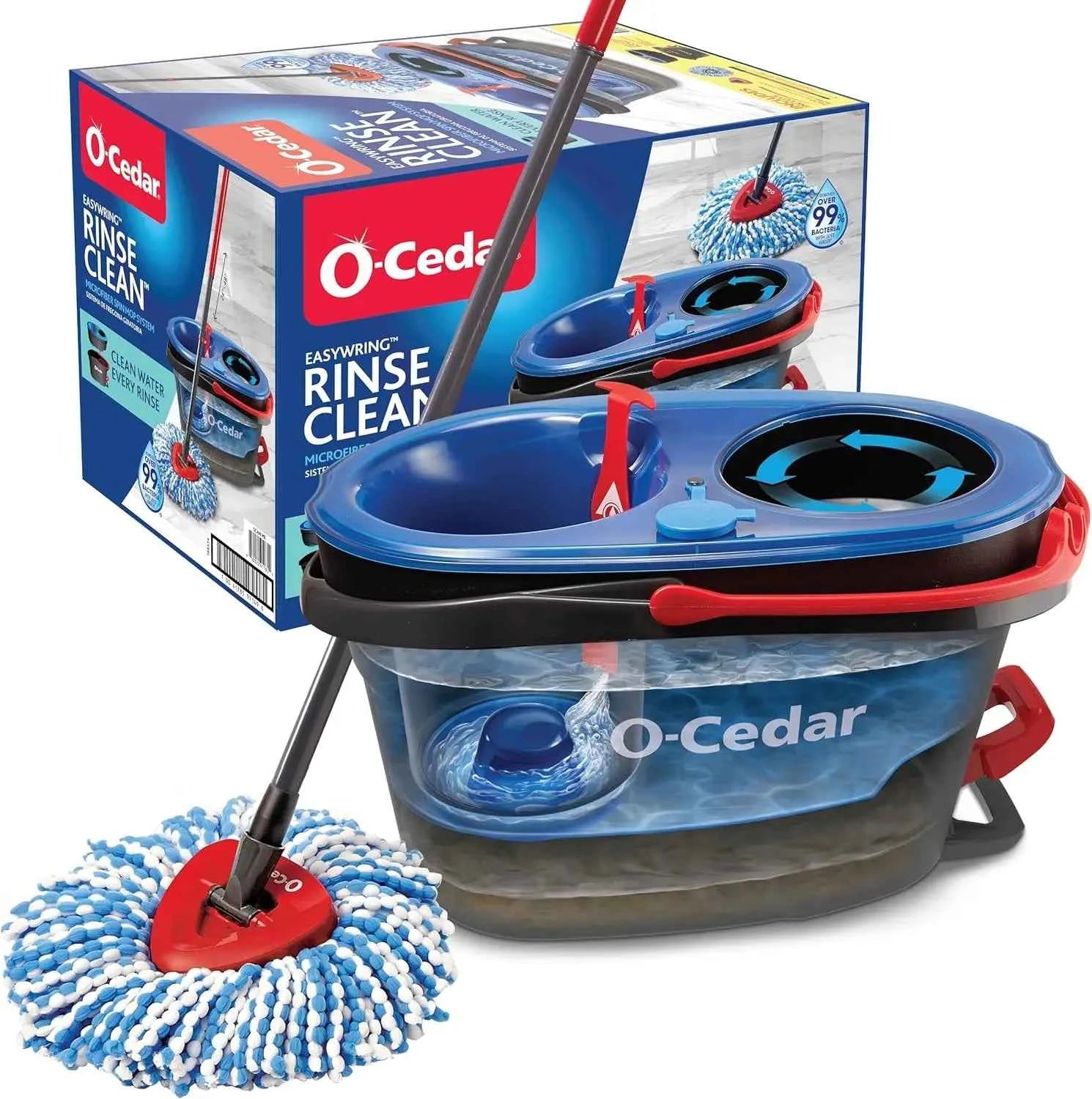 O-Cedar RinseClean Spin Mop & Bucket System + 1 Extra Mop Head | Clean with Clean Water | Removes 99% of Bacteria