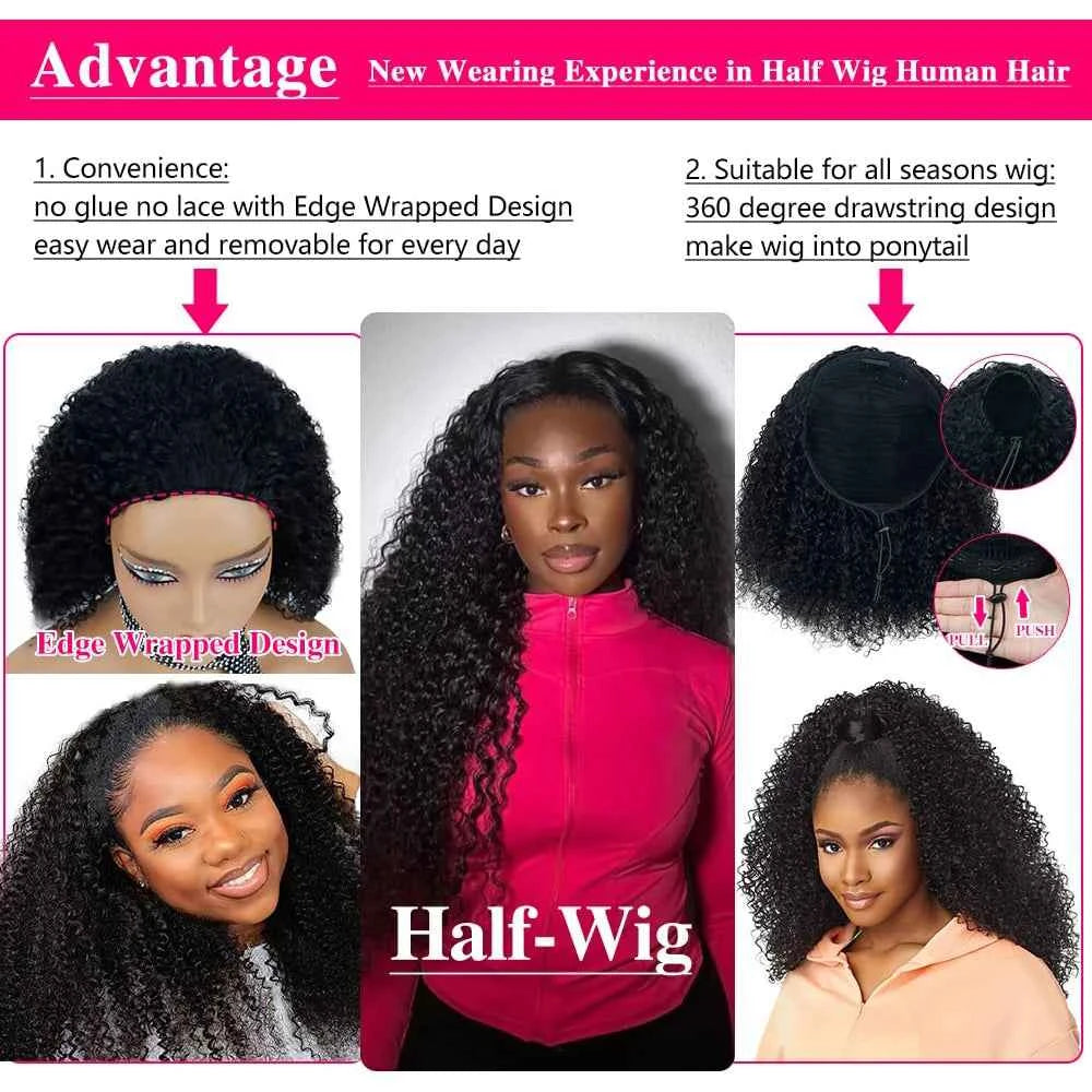 Deep Curly Human Hair Half Wig 3‑in‑1 Drawstring Jerry Curly Glueless