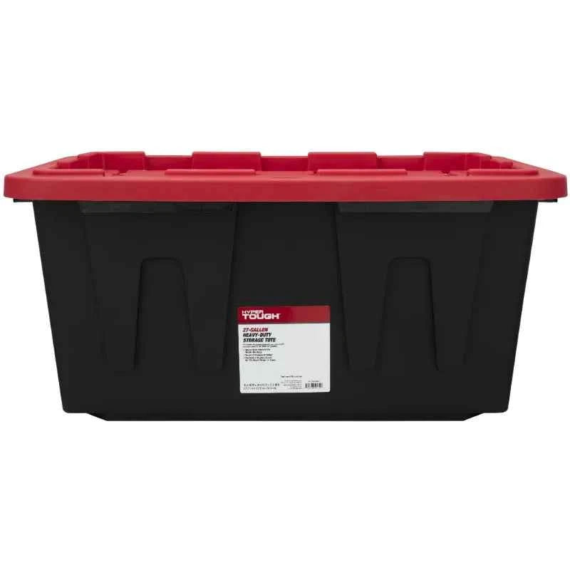 6 Pack Hyper Tough Large Storage Bin 27 Gallon Plastic Container with Snap-On Lid in Black and Red