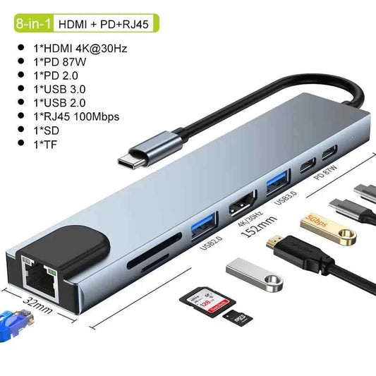 8‑in‑1 USB Type‑C Hub Adapter — 4K HDTV, SD/TF, RJ45, PD Fast Charge for MacBook & Laptops