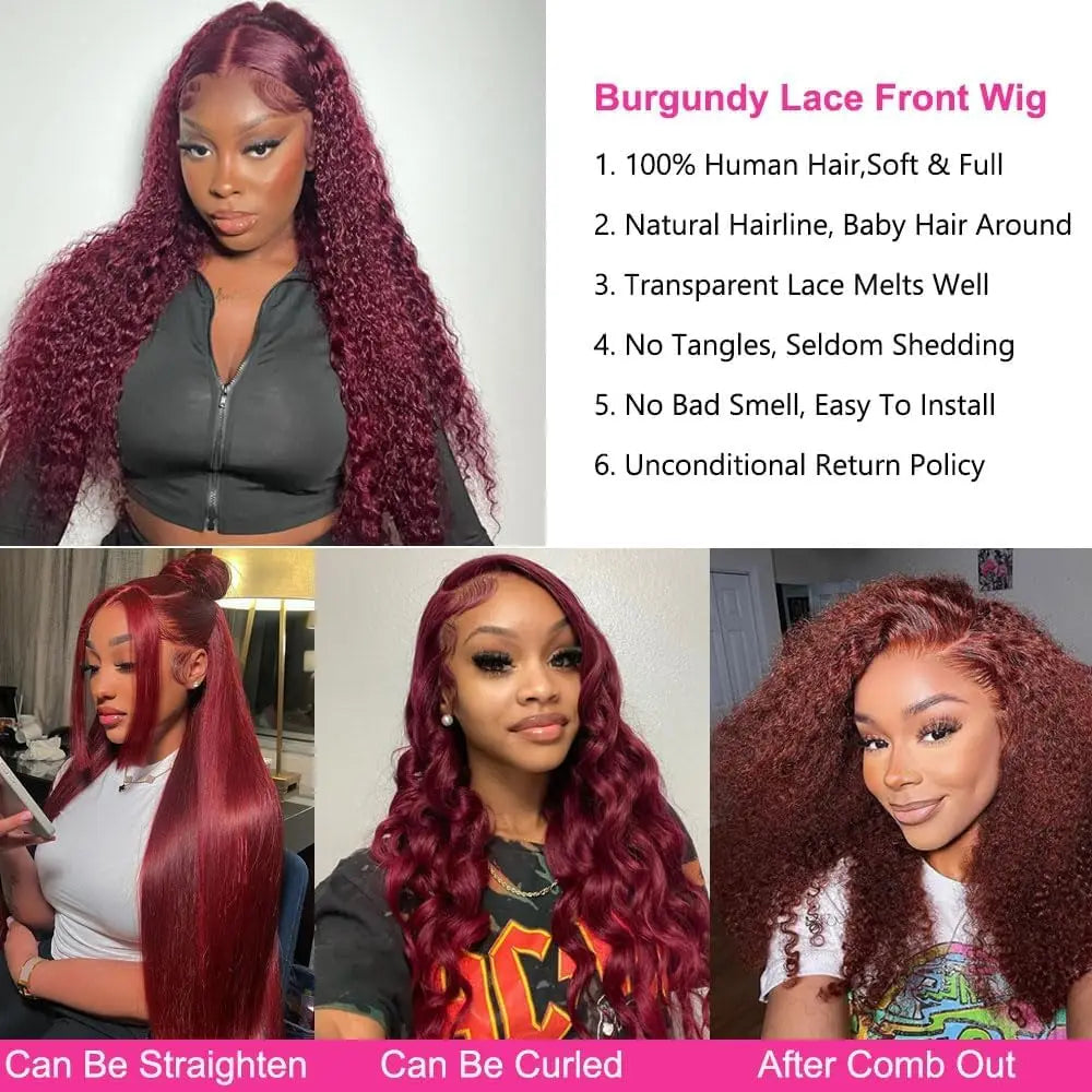 13x6 HD Lace Frontal Wig - 99J Burgundy, Deep Wave Brazilian Hair, 250% Density