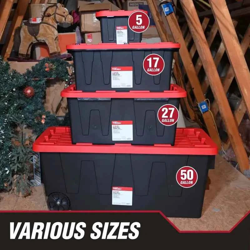 6 Pack Hyper Tough Large Storage Bin 27 Gallon Plastic Container with Snap-On Lid in Black and Red