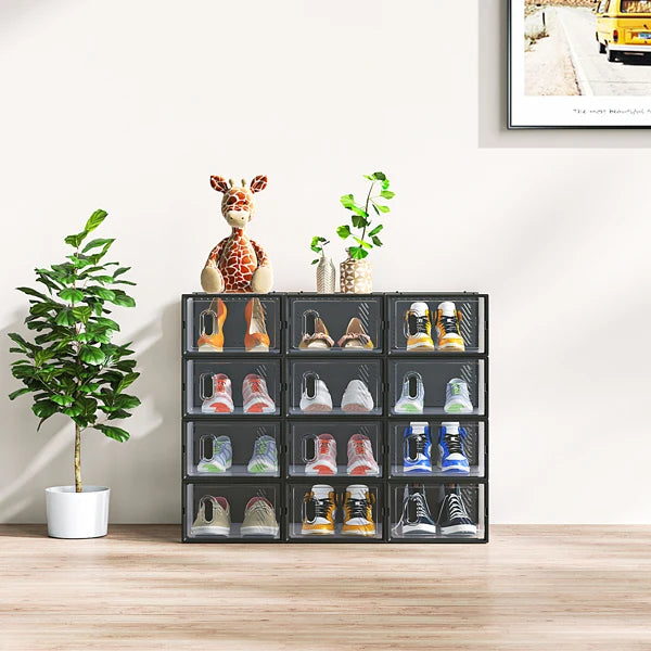 Transparent Plastic Shoe Hanger Storage Boxes - 6/12 Pack, Foldable & Stackable with Lids