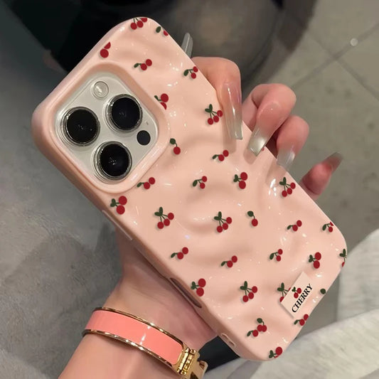 For iPhone 17 16 15 14 13 12 11 Pro Max Plus Case Cute Cherry Folds Texture Phone Cover For iPhone 17 Air Shockproof Soft Fundas