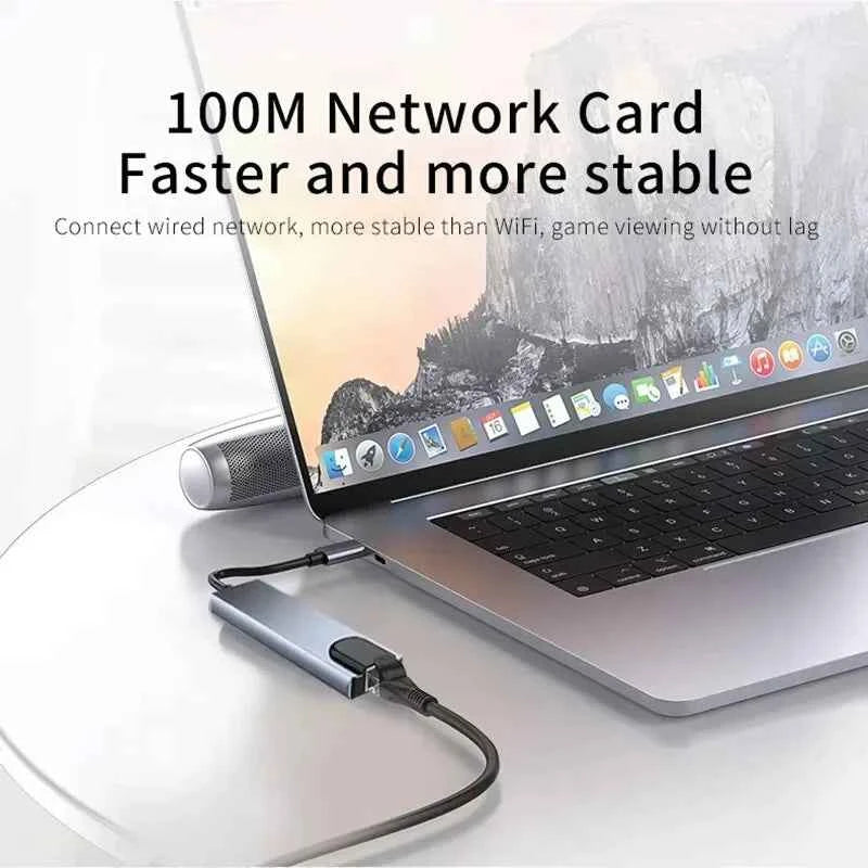 8‑in‑1 USB Type‑C Hub Adapter — 4K HDTV, SD/TF, RJ45, PD Fast Charge for MacBook & Laptops