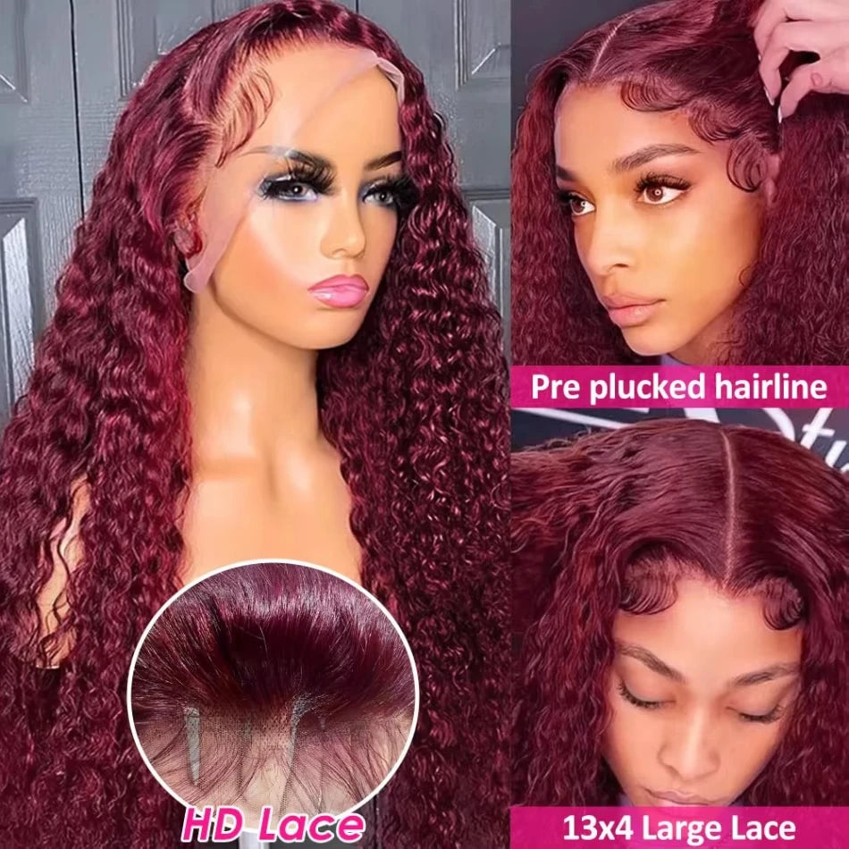 13x6 HD Lace Frontal Wig - 99J Burgundy, Deep Wave Brazilian Hair, 250% Density