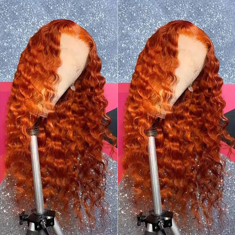 13x6 HD Lace Frontal Wig - Orange Ginger, Deep Wave Brazilian Hair, 220% Density, 30"