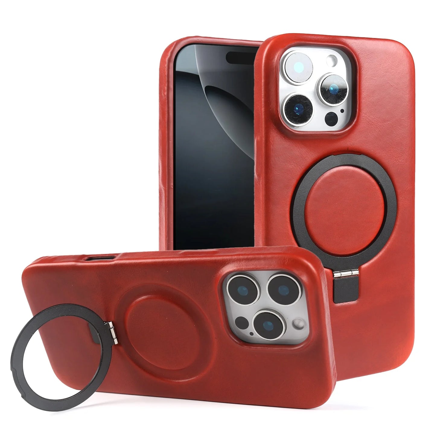 Genuine Leather Stand Case w/ Magnetic Holder for iPhone 16–11