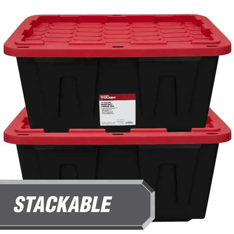 6 Pack Hyper Tough Large Storage Bin 27 Gallon Plastic Container with Snap-On Lid in Black and Red