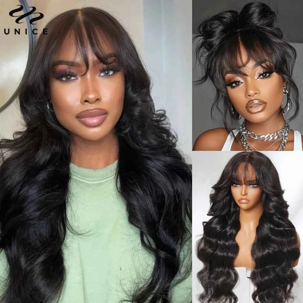 UNice Loose Wave Wig Curtain Bangs 7×5 13×4 Lace Pre‑Cut Pre‑Bleached Glueless