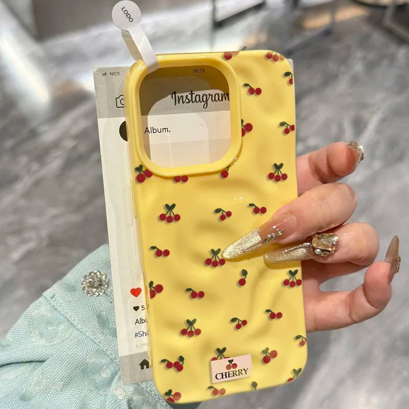 For iPhone 17 16 15 14 13 12 11 Pro Max Plus Case Cute Cherry Folds Texture Phone Cover For iPhone 17 Air Shockproof Soft Fundas