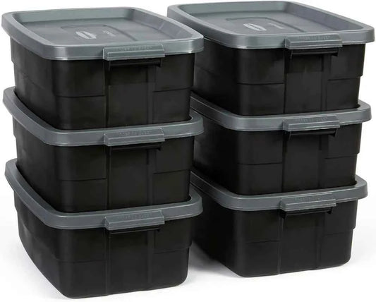 6-Pack Totes for Storage with Lids, Heavy Duty Plastic Storage Bins with Lids, Black Gray, 10 GAL - Stackable for Garage, Attic