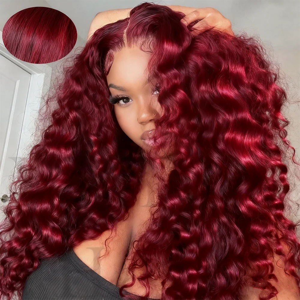 13x6 HD Lace Frontal Wig - 99J Burgundy, Deep Wave Brazilian Hair, 250% Density
