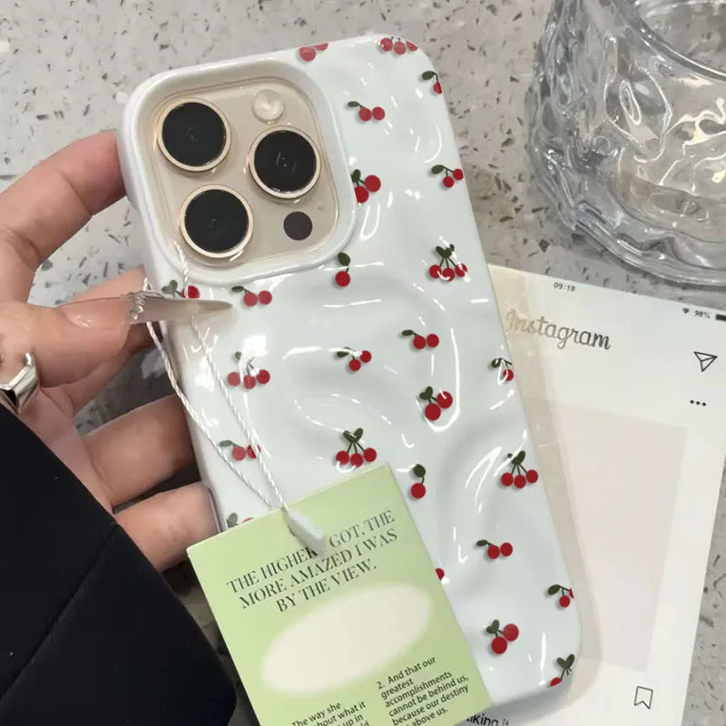 For iPhone 17 16 15 14 13 12 11 Pro Max Plus Case Cute Cherry Folds Texture Phone Cover For iPhone 17 Air Shockproof Soft Fundas