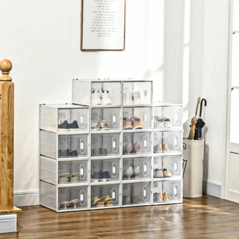Transparent Plastic Shoe Hanger Storage Boxes - 6/12 Pack, Foldable & Stackable with Lids