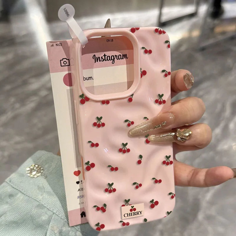 For iPhone 17 16 15 14 13 12 11 Pro Max Plus Case Cute Cherry Folds Texture Phone Cover For iPhone 17 Air Shockproof Soft Fundas