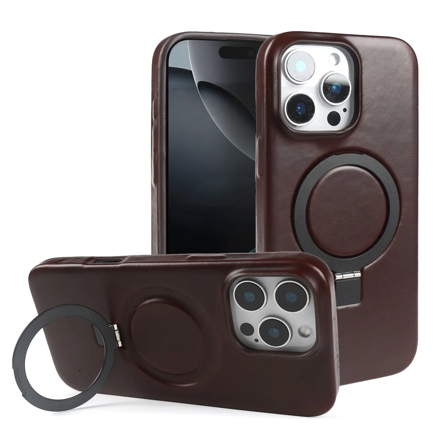 Genuine Leather Stand Case w/ Magnetic Holder for iPhone 16–11