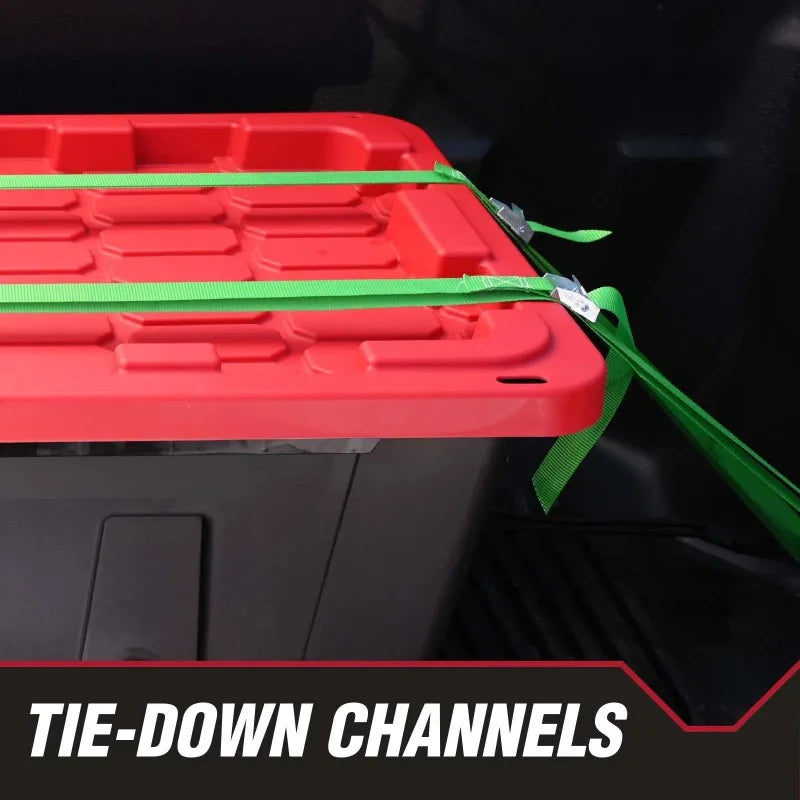 6 Pack Hyper Tough Large Storage Bin 27 Gallon Plastic Container with Snap-On Lid in Black and Red