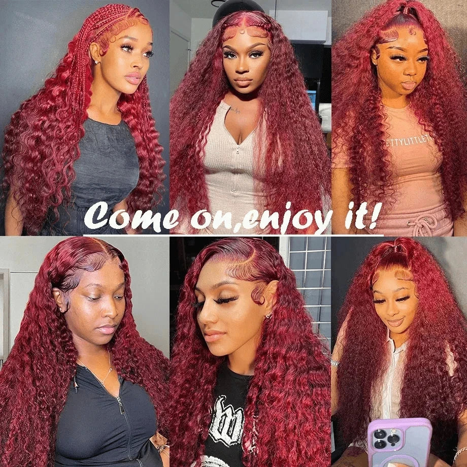 13x6 HD Lace Frontal Wig - 99J Burgundy, Deep Wave Brazilian Hair, 250% Density