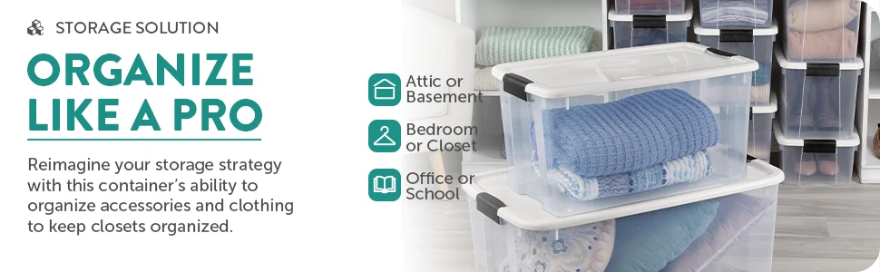 4 Pack Ultra Latching Box, Storage Bins with Lids Clear Plastic, 70 Quart - Heavy-Duty Organizing Containers for Closet Bathroom