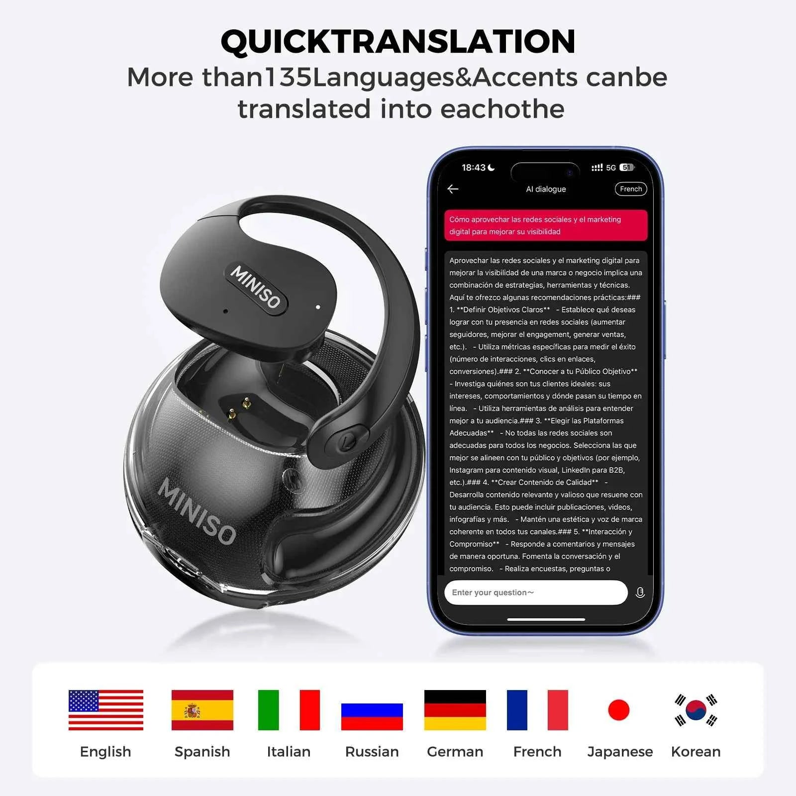 Translator MINISO X15Pro 5.4 Bluetooth Headset Translation Earphones Wireless Headphones Office Travel,ASMR Headset APP