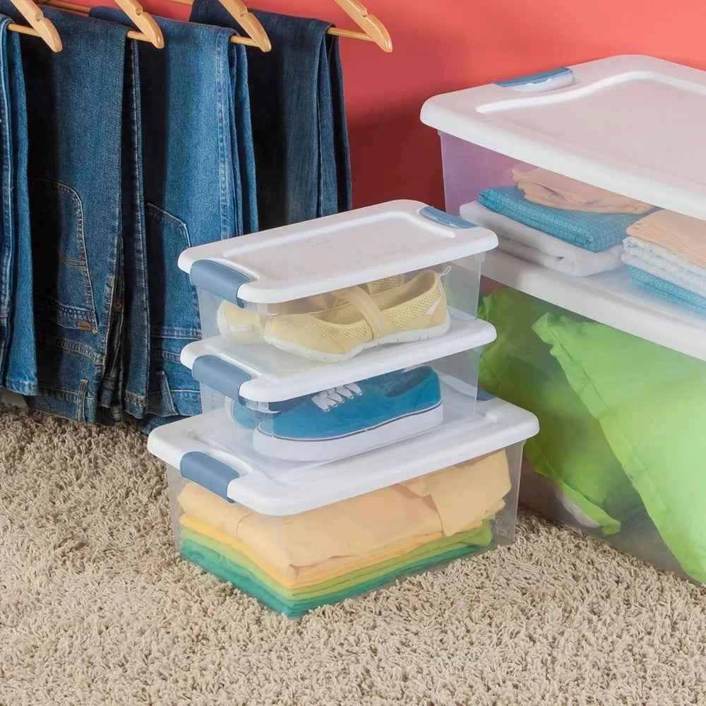 12-Pack Latching Box, Under Bed Storage Bins with Lids, Clear Plastic, 15 Quart - Heavy-Duty Organizing Containers for Close