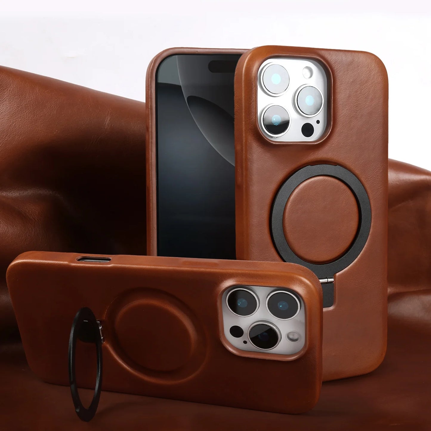 Genuine Leather Stand Case w/ Magnetic Holder for iPhone 16–11