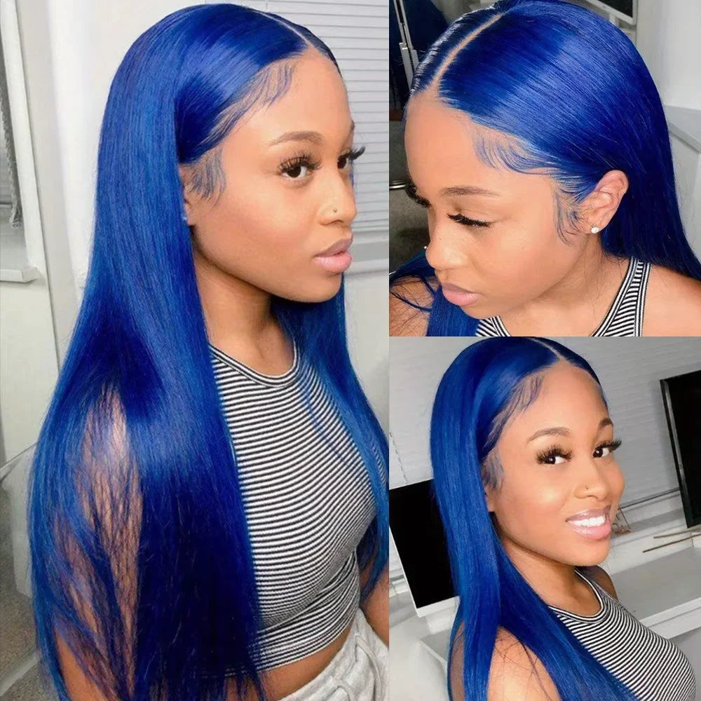 Straight Dark Blue Brazilian 13x4 HD Lace Frontal Wig - Glueless, 30-34"