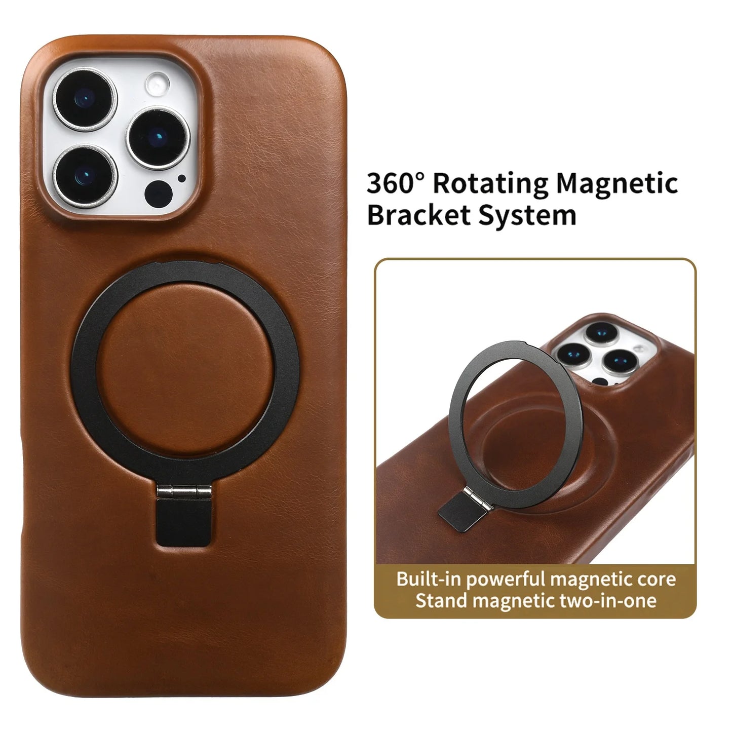 Genuine Leather Stand Case w/ Magnetic Holder for iPhone 16–11