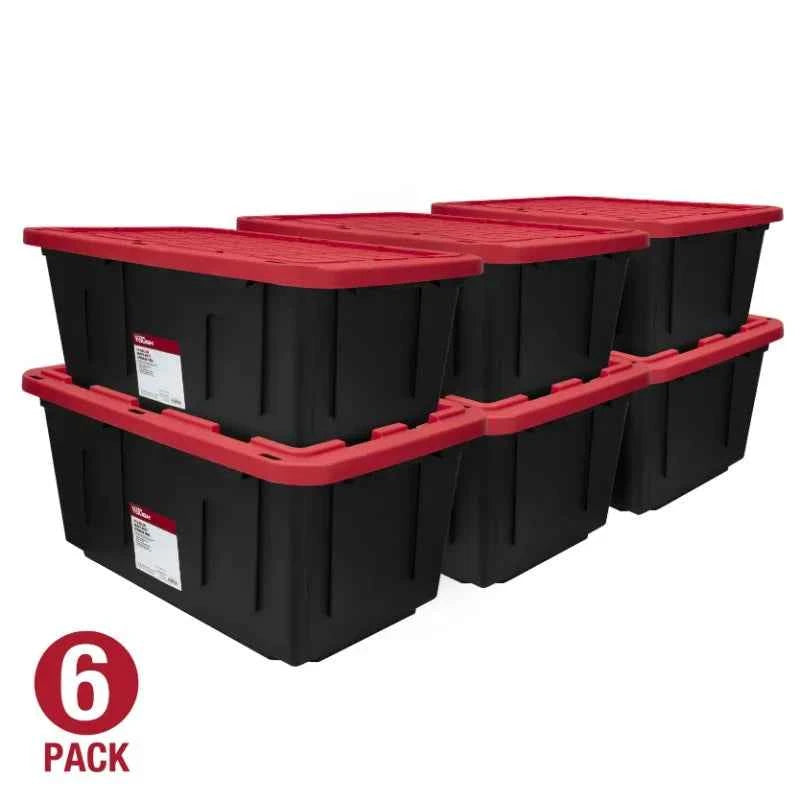 6 Pack Hyper Tough Large Storage Bin 27 Gallon Plastic Container with Snap-On Lid in Black and Red
