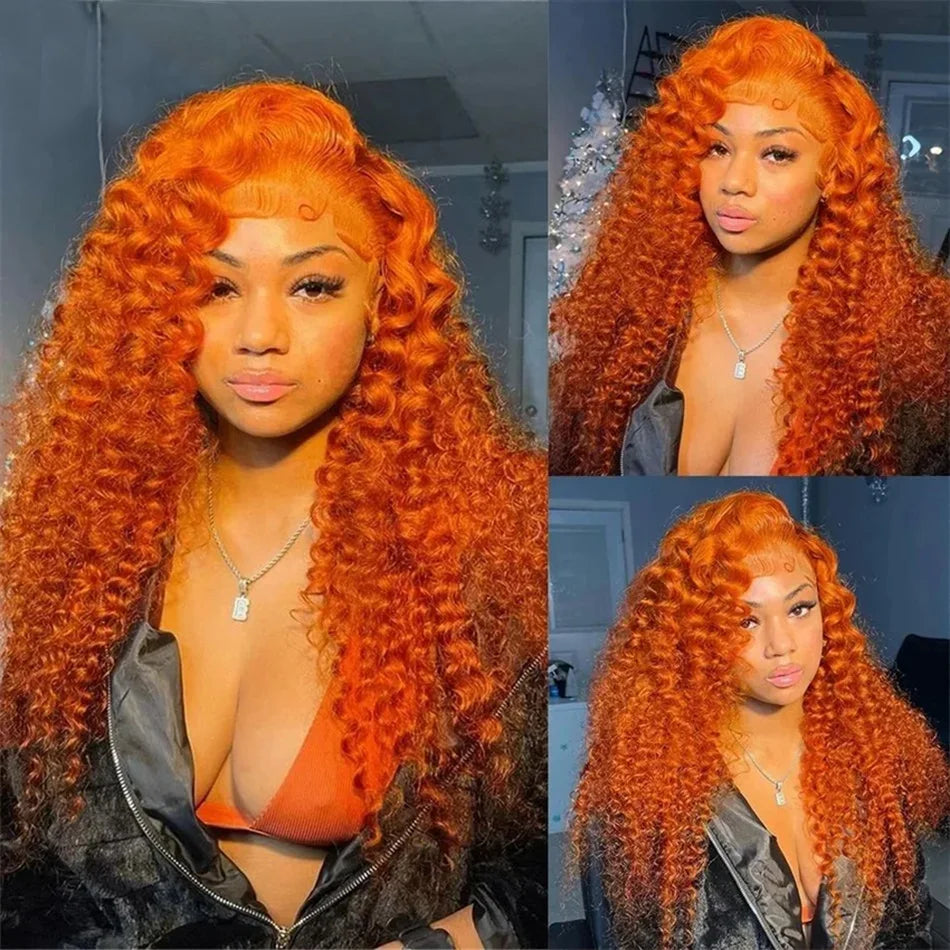 13x6 HD Lace Frontal Wig - Orange Ginger, Deep Wave Brazilian Hair, 220% Density, 30"