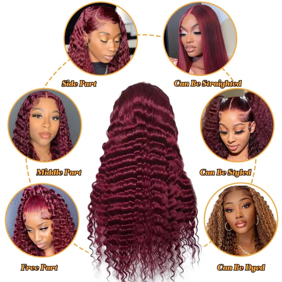 13x6 HD Lace Frontal Wig - 99J Burgundy, Deep Wave Brazilian Hair, 250% Density