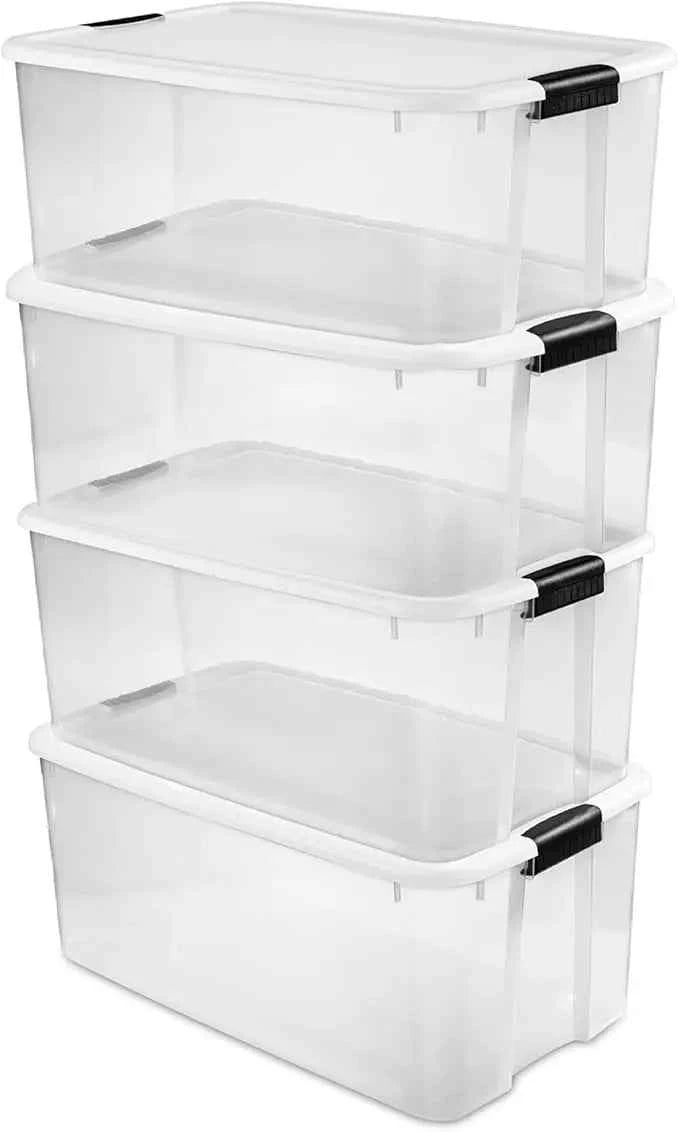 4 Pack Ultra Latching Box, Storage Bins with Lids Clear Plastic, 70 Quart - Heavy-Duty Organizing Containers for Closet Bathroom