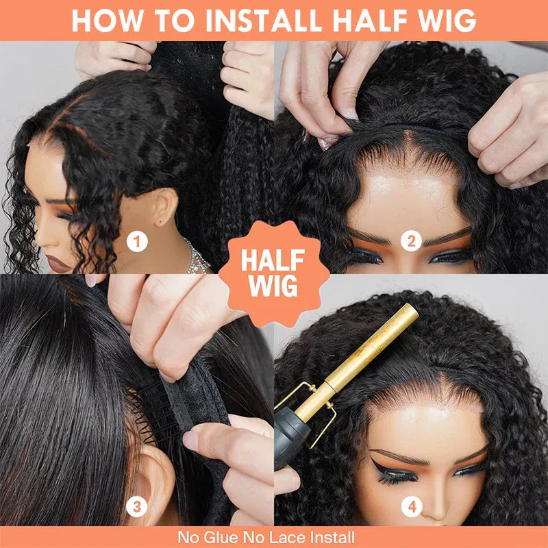 220% Afro Kinky Curly Half Wig Human Hair 3‑in‑1 Wear & Go Glueless Drawstring