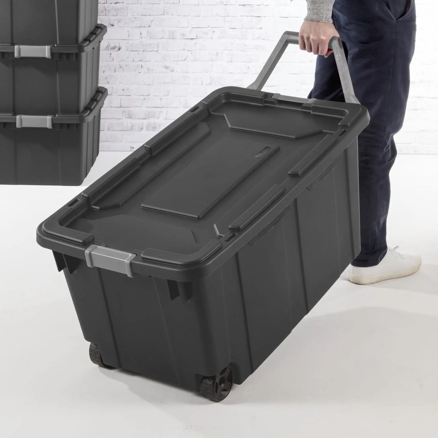 Sterilite 40 Gallon Wheeled Industrial Tote Plastic, Black, Set of 2