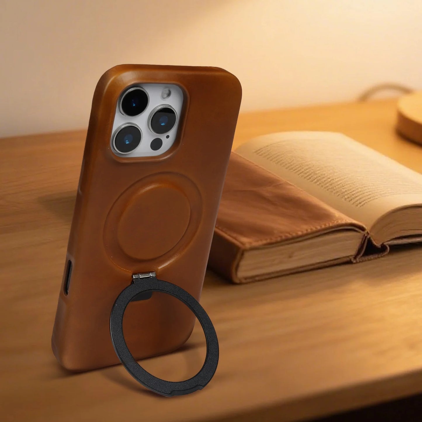 Genuine Leather Stand Case w/ Magnetic Holder for iPhone 16–11