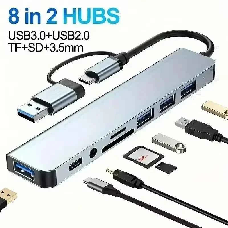 8‑in‑1 USB Type‑C Hub Adapter — 4K HDTV, SD/TF, RJ45, PD Fast Charge for MacBook & Laptops