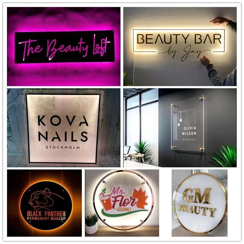 Business Neon Lights Mirror Logo Sign - Custom Neon Business Sign for Hair Studio, Acrylic 3D Custom Plaques, Office Door and Wall Decoration